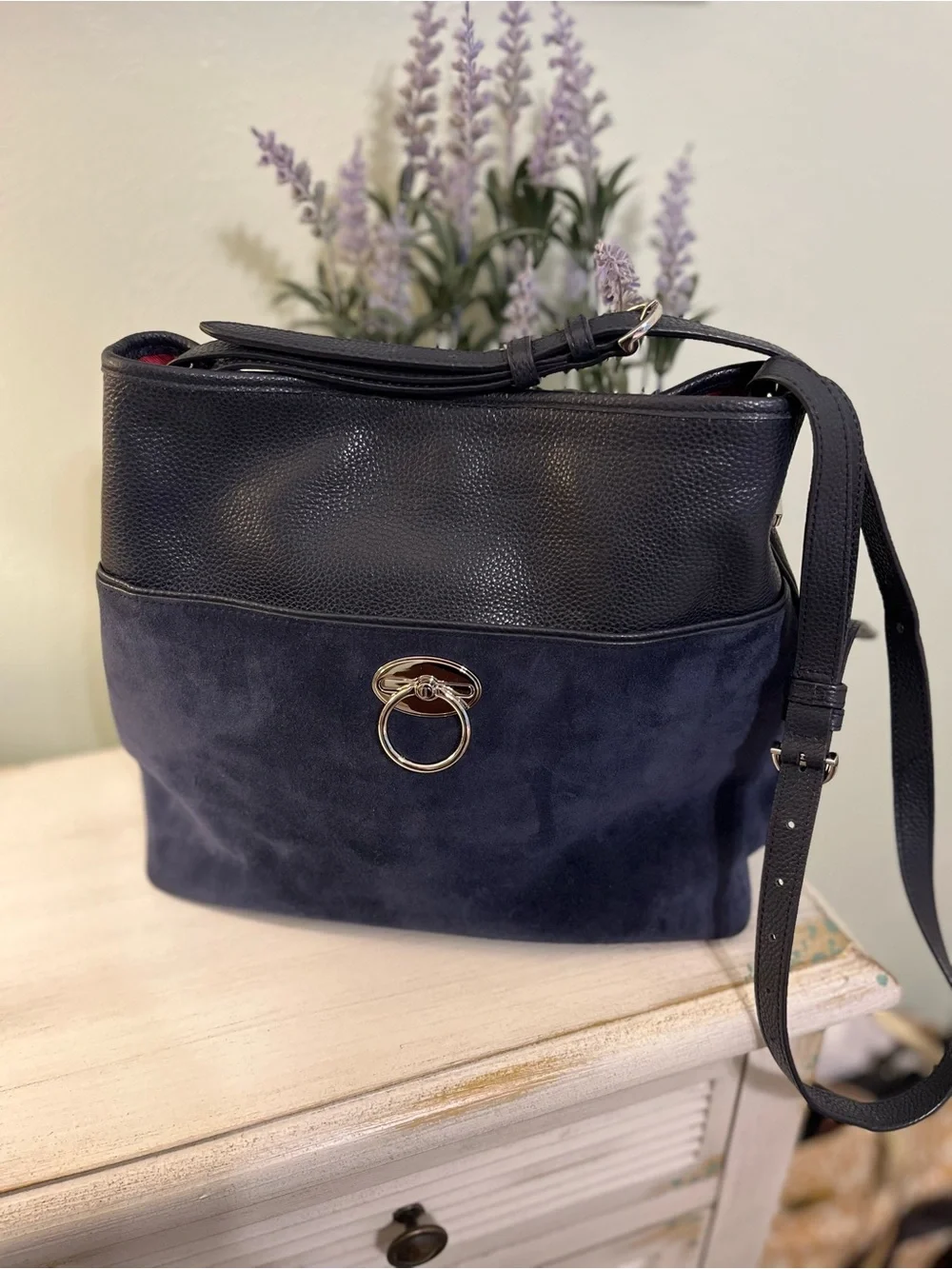 Talbots Navy Blue Hobo Suede and Leather Shoulder Bag Purse Excellent Condition